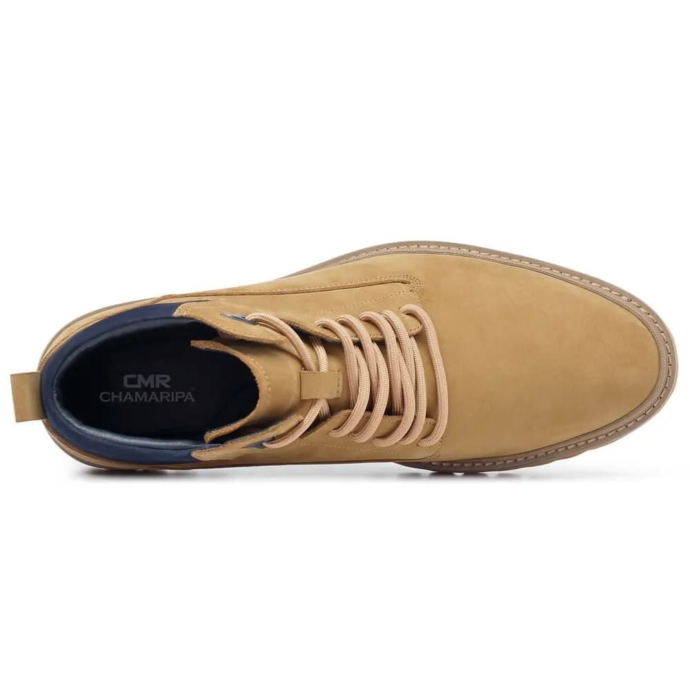 7 CM / 2.76 Inches CMR CHAMARIPA Height Increasing Shoes - Yellow Nubuck Leather Elevator Boots for Men
