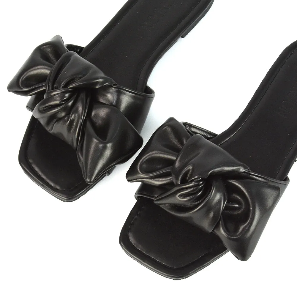 Kallie Flat Bow Detail Square Toe Summer Slider Sandals in White Synthetic Leather