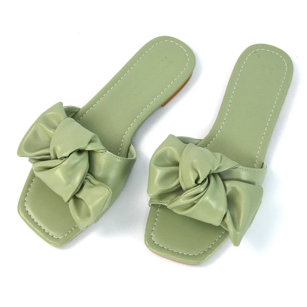 Kallie Flat Bow Detail Square Toe Summer Slider Sandals in White Synthetic Leather